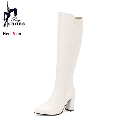 Sexy Women Knee High Boots Pointy Toe Chunky Heels 9CM Boot Large Size 44 45 46 With Zipper Winter Outdoors Leather Female Shoes