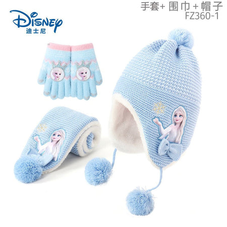 Disney Elsa Cartoon Cute Student Hat and Scarf Creative Kawaii Girls Princess Winter Warm Three-Piece Set Christmas Gift
