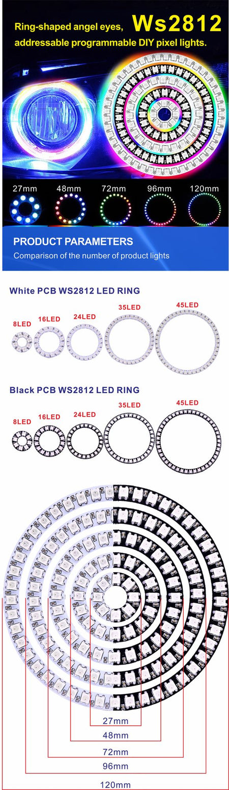 DC5V WS2812B Pixel Ring LED Panel Light Individual 8/16/24/35/45/128 LED Addressable WS2812 IC 5050 RGB LED Ring Module