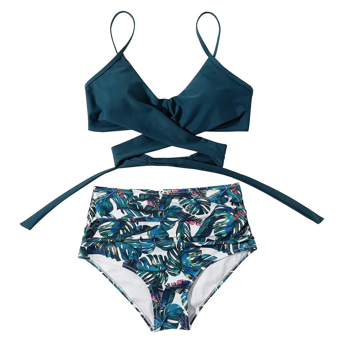 bikini Beach Style Floral Printed Women's Swimsuit Cross High Waisted Tow-piece For Teenagers biquinis feminino tendência 2024