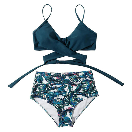 bikini Beach Style Floral Printed Women's Swimsuit Cross High Waisted Tow-piece For Teenagers biquinis feminino tendência 2024