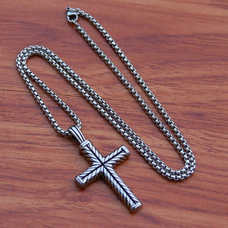 Twisted Pattern Cross Pendant Necklace Retro Simple Stainless Steel Chain Silver Color Hip Hop Jewelry Gifts For Women Men