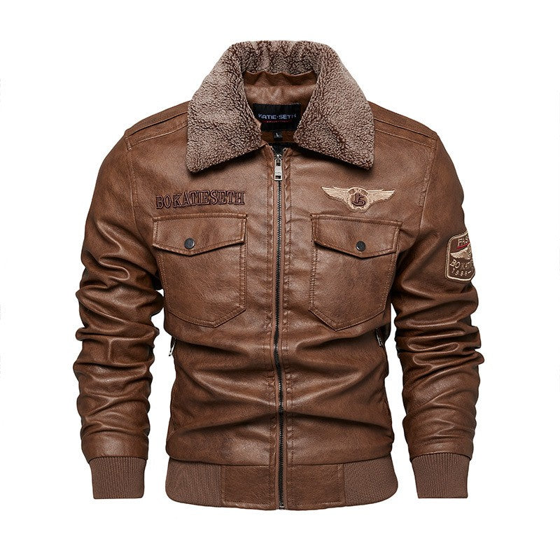 Fleece Fur Collar Windbreaker Coat Male Pu Jacket Men Thick Warm Cashmere Military Bomber Tactical Leather Jackets Mens Outwear