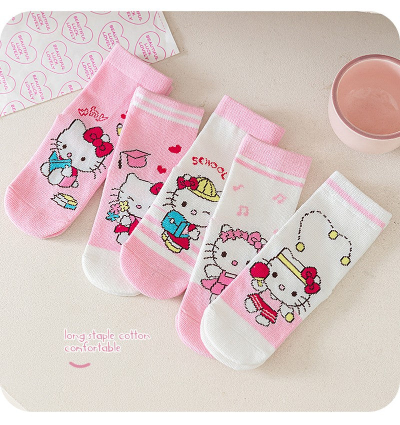 5Pairs Sanrio Cinnamoroll Kuromi Kawaii Spring and Autumn Cartoon Middle Tube Socks For Girls Boy Children Mid-calf Cotton Socks