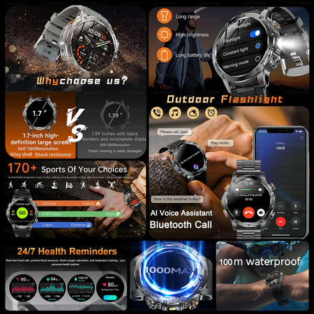 2025 New Military Smart Watch 1000Mah Battery Fitness Tracking 10ATM Waterproof Tactics Sport Flashlight call Bracelet For Men