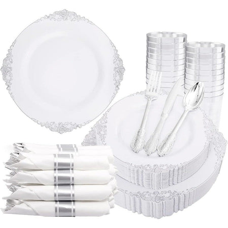 350PCS Silver Plastic Plates and PreRolled Napkins for 50 Guests Disposable Dinnerware Set with 100 Silver Disposable Plates 15