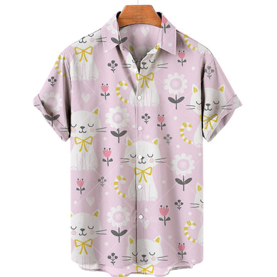 2024 Cat Pattern Hot Sale 3D Printed Hawaiian Shirt Men's Vacation Beach Short Sleeve Fashion Large Size Affordable Good Top