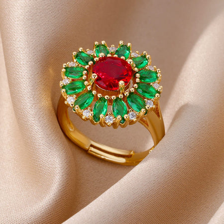 Luxury Stainless Steel Rings Gold Plated Colorful Stone Zircon Crystal Heart Ring For Women Wedding Boho Jewelry Christmas Gift