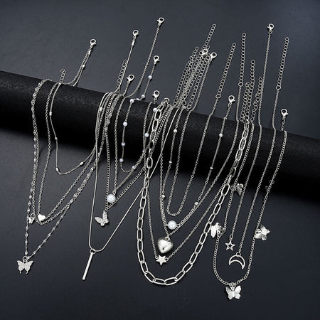 13Pcs/Set Simple Temperament Necklace Set Butterfly Pearl Heart Star Zircon Silver Color Necklace for Women Fashion Jewelry Gift