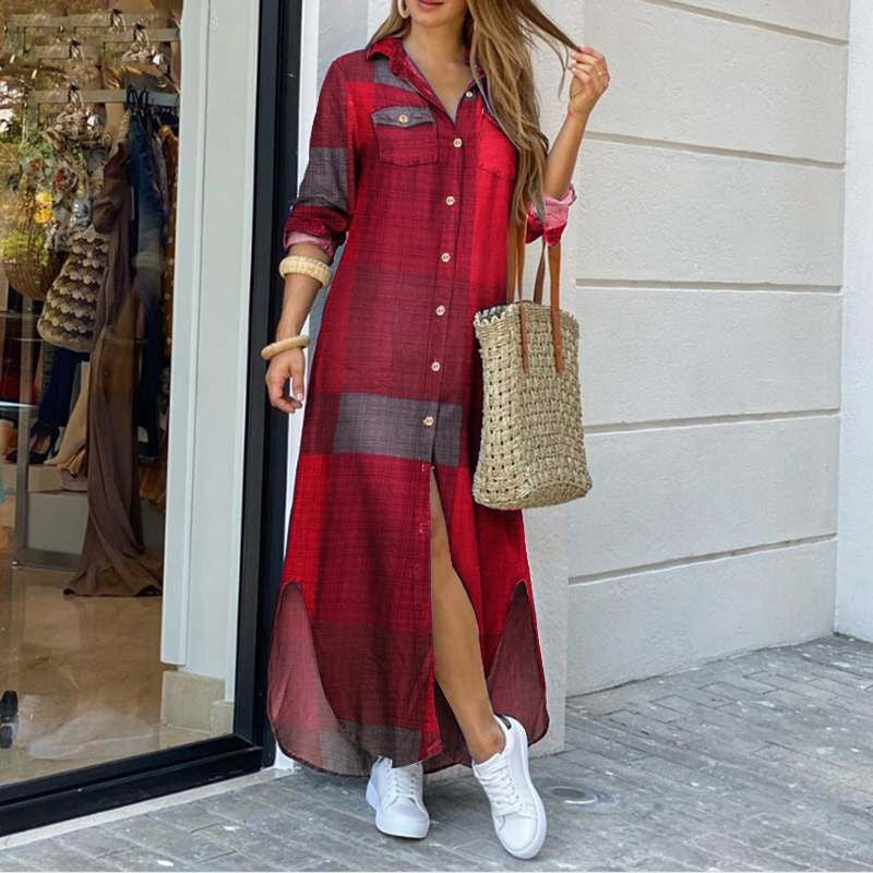 Spring And Autumn Women's Fashion Plaid Printed Polo Neck Shirt Dress Elegant Denim Long Sleeve Button Pocket Loose Long Dreess