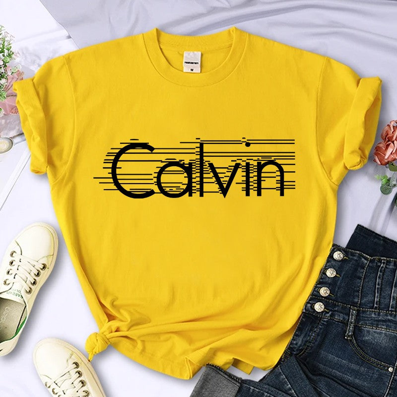 Women's summer 100% pure cotton fashionable casual loose Calvin letter pattern printed round neck short sleeved T-shirt top