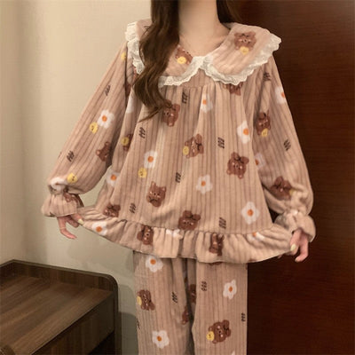 Warm Sleepwear Small Bear Peach Coral Velvet Two-Piece Set Women Pajamas Autumn and Winter Thickening Home Wear School Sleepwear