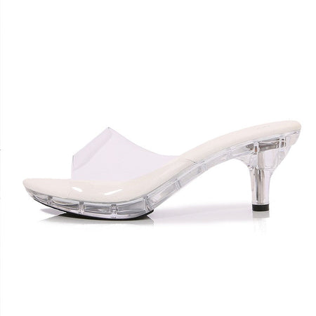 6CM Women's Kitten Heels Slides LED Light Sandals Nightclub Slim Heel Transparent Crystal Outside Slippers Tourist Beach Shoes