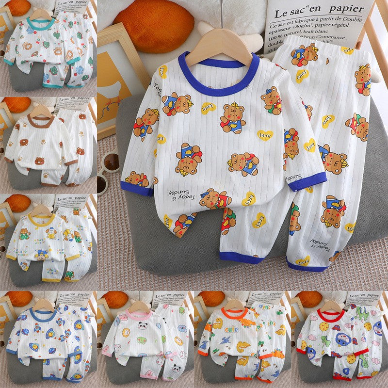 Kids Boys Girls Summer Cotton Thin Pajamas Cute Cartoon Print Long Sleeve T-shirt Tops+Pants Baby Clothing Sets