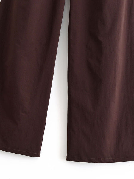 Tidalyf 2025 Women Vintage Brown Wide Leg Pants with Metal Belt High Waist Casual Trousers