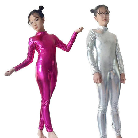 Kids Shiny Full Body Zentai Suit Metallic Tight Jumpsuit Halloween Cosplay Stage Performance Costume for Girls Boys