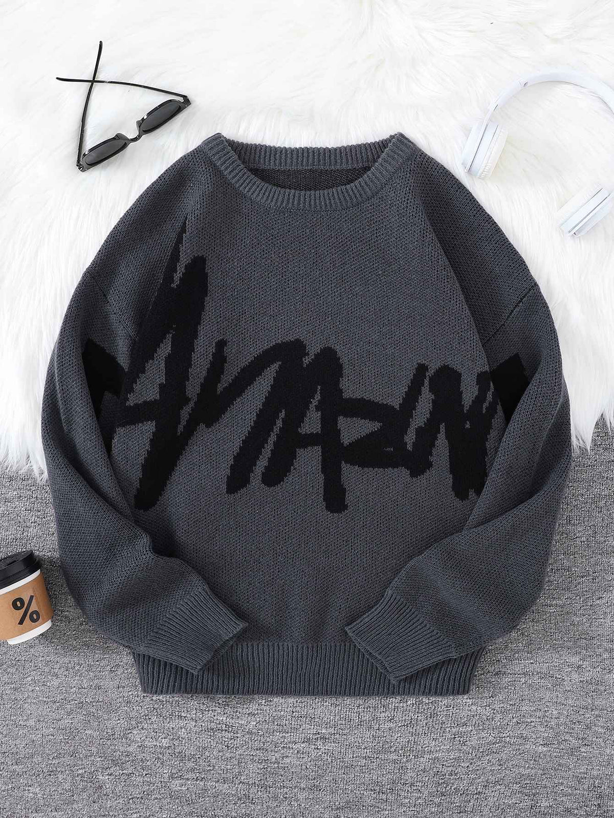 New Popular Spring Autumn Graffiti Jacquard Pattern Pullover Sweater Casual Round Neck Contrast Color Knitted Men's Pullover