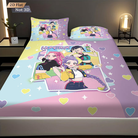 3pcs K-Pop Demon Hunters Printed Chipless Bed Sheet Set Multi Size Soft Bed Cover Bedroom Bedding Decoration Machine Washable