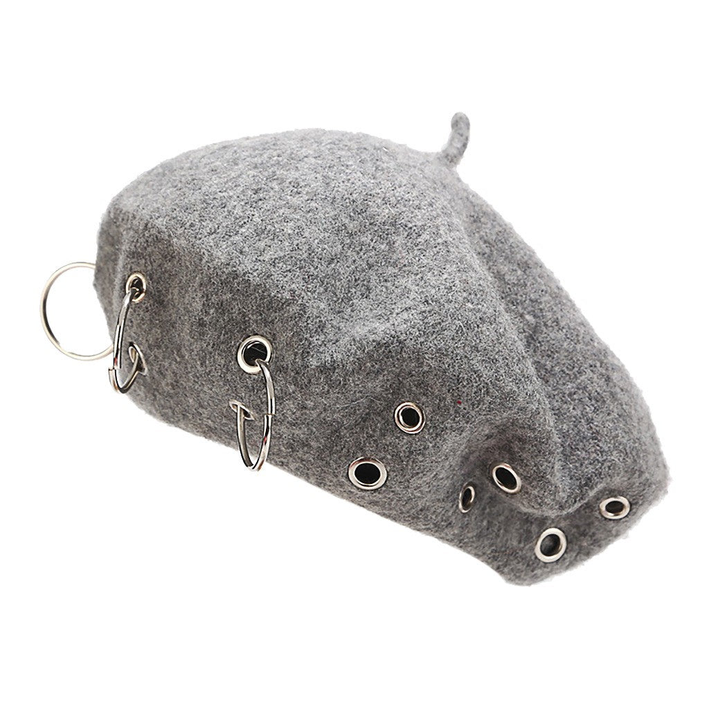 Fashion Winter Berets For Women girl Punk Rock Style Iron Rings Beret Caps Retro Wool Hats Black Woolen Painter Caps