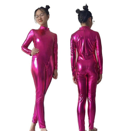 Kids Shiny Full Body Zentai Suit Metallic Tight Jumpsuit Halloween Cosplay Stage Performance Costume for Girls Boys