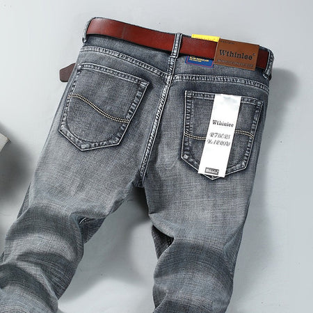 Spring Autumn Business Men Jeans Casual Straight Stretch Fashion Classic Black Sky Blue Grey Work Denim Trousers Brand Clothing
