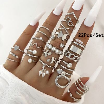 23Pcs Fashion Knuckle Rings Set For Women Crystal Star Moon Eye Wave Gold Silver Color Rings Female Trendy Party Jewelry Gift