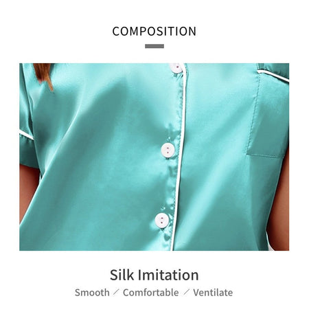 Luxurious Satin Pajama For Women Turn-down Collar Button Top & Shorts Sleepwear & Loungewear for Summer Home Clothes Suit