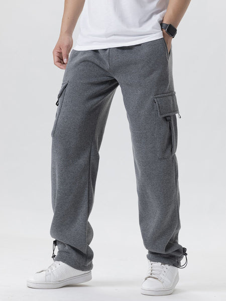 Mens Sweatpants Straight Fit Casual Pants Autumn Winter Men Running Jogger Sports Gym Trousers Solid Color Multi-pocket Pants