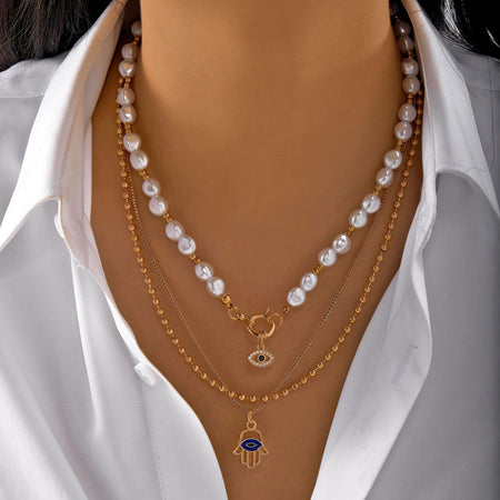 Classic Pendant Necklace for Women Micro Zircon Turkish Lucky Evil Eyes Palm Cross Pearl Multilayer Metal Chain Choker Jewelry