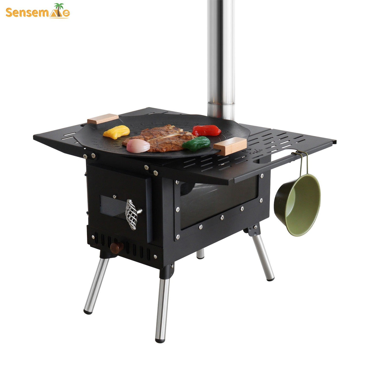 Hot Tent Wood Burning Stove Folding Stainless Steel 5-Section Chimney Outdoor Camping Wood Heater with Cooking Wing Panels