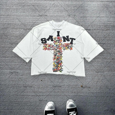 American Hip-hop Anime Print Oversized T-shirt Men Retro Trendy Streetwear Top Pure Cotton Round Neck Casual Loose Short Sleeves