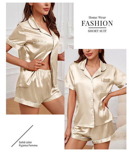 Luxurious Satin Pajama For Women Turn-down Collar Button Top & Shorts Sleepwear & Loungewear for Summer Home Clothes Suit