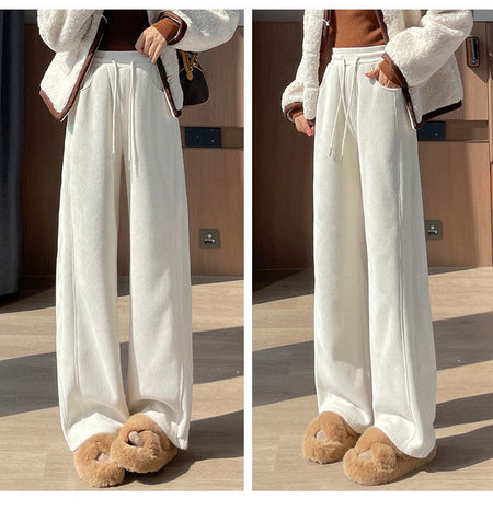 High Waist Warm Trousers Fashion Winter Fleece Thickened Women's Pants Solid Color Loose Elastic Waist Straight Casual Pants