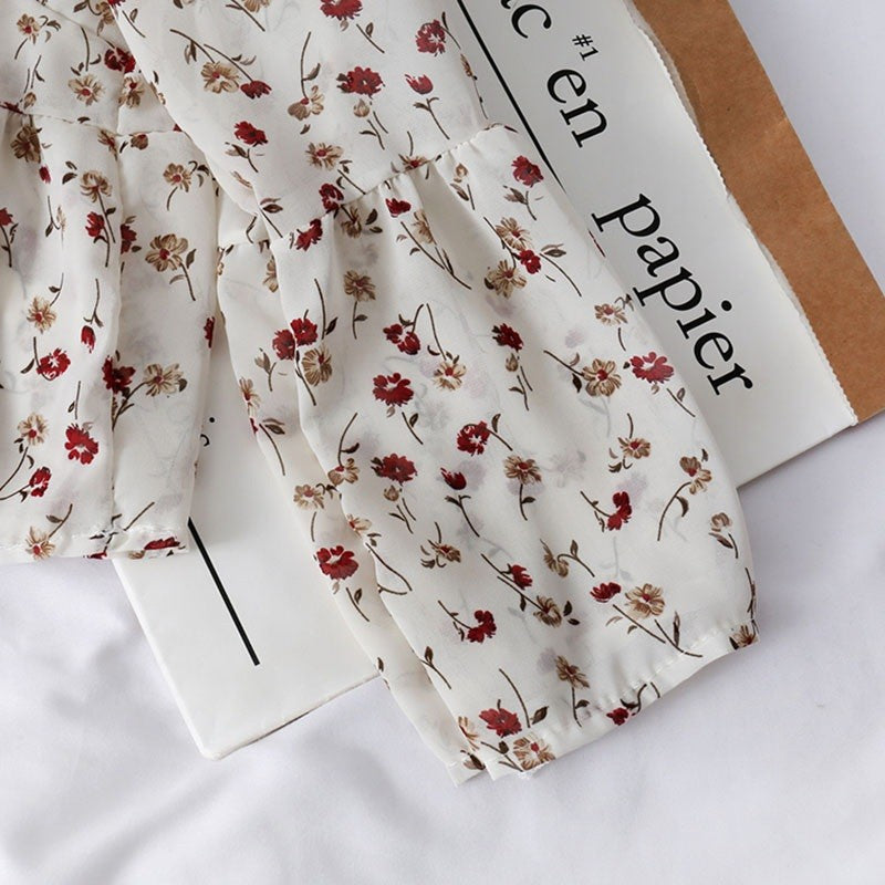 Blouses Women Temperament V Neck Floral Print Sweet Small Fresh Long Sleeves Chiffon Shirt Autumn All-match Short Crop Top