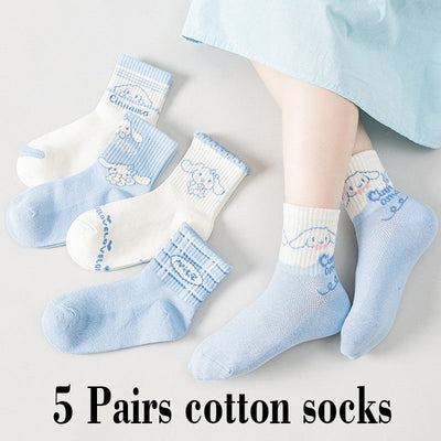 5Pairs Sanrio Cinnamoroll Kuromi Kawaii Spring and Autumn Cartoon Middle Tube Socks For Girls Boy Children Mid-calf Cotton Socks