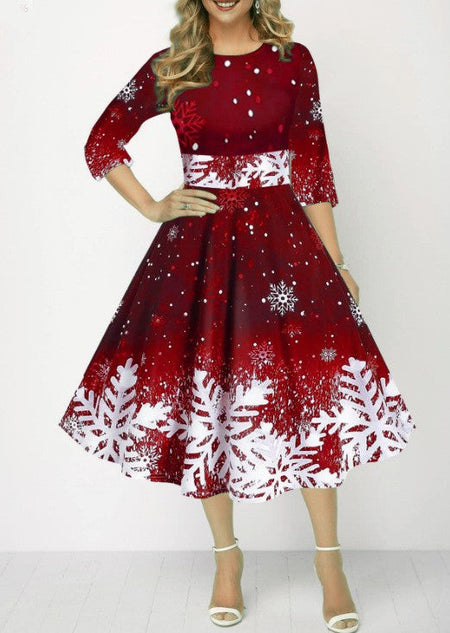 Winter Christmas Dresses Women Vintage Robe Swing Elegant Half Sleeve Casual Print Party Dress