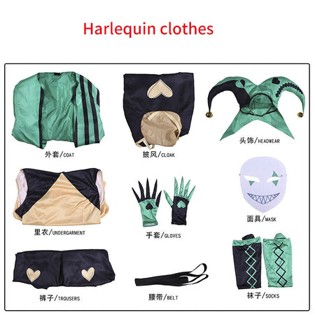 The Freak Circus Pierrot Jester Harlequin Cosplay Costume for Game Adult Clown Joker with Mask Halloween Carnival Outfits