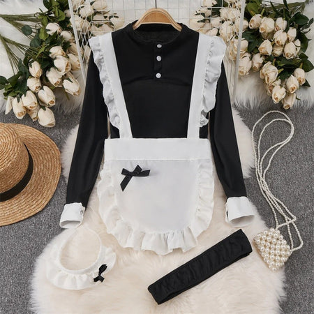 Role Student Complete Maid Cosplay School Costume Set Ruffle Cosplay Vacation Halloween Outfit Halter Dress Set Outfit Costume