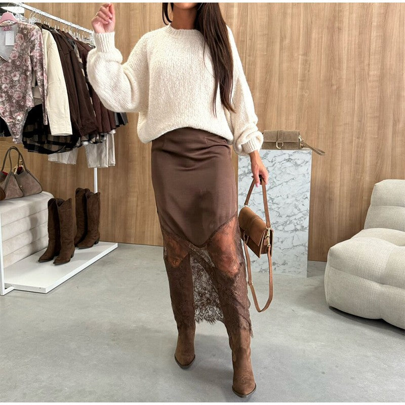 Sexy Lace Patchwork Long Skirt Women Elegant Fashion Solid Waist Cinched Mid-length Bottom Lady 2025 Party Daily Street Skirts