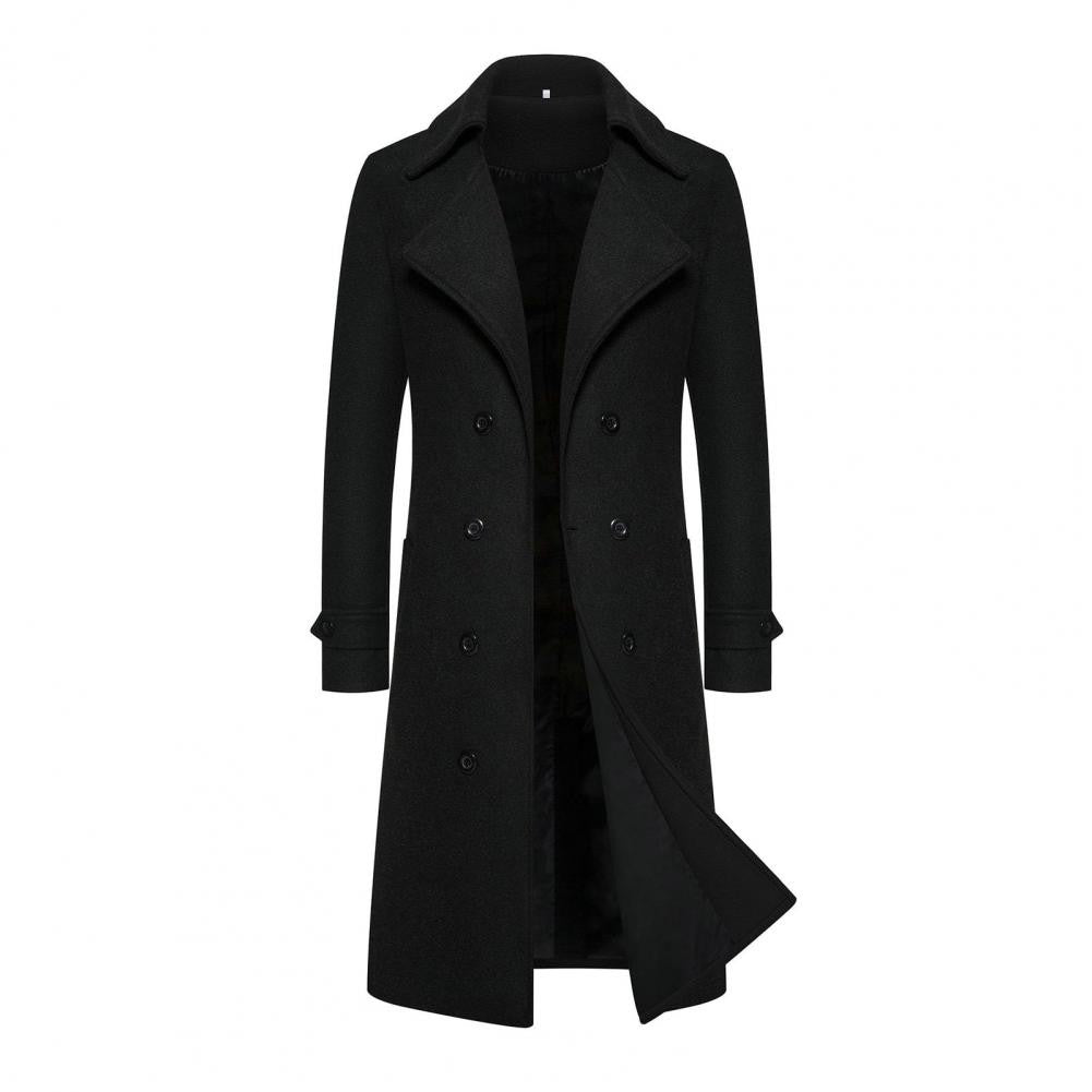 Men Overcoat Double-breasted Slim Fit Mid Length Long Sleeve Thick Windproof Warm Soft Cardigan Buttons Lapel Men Long Coat