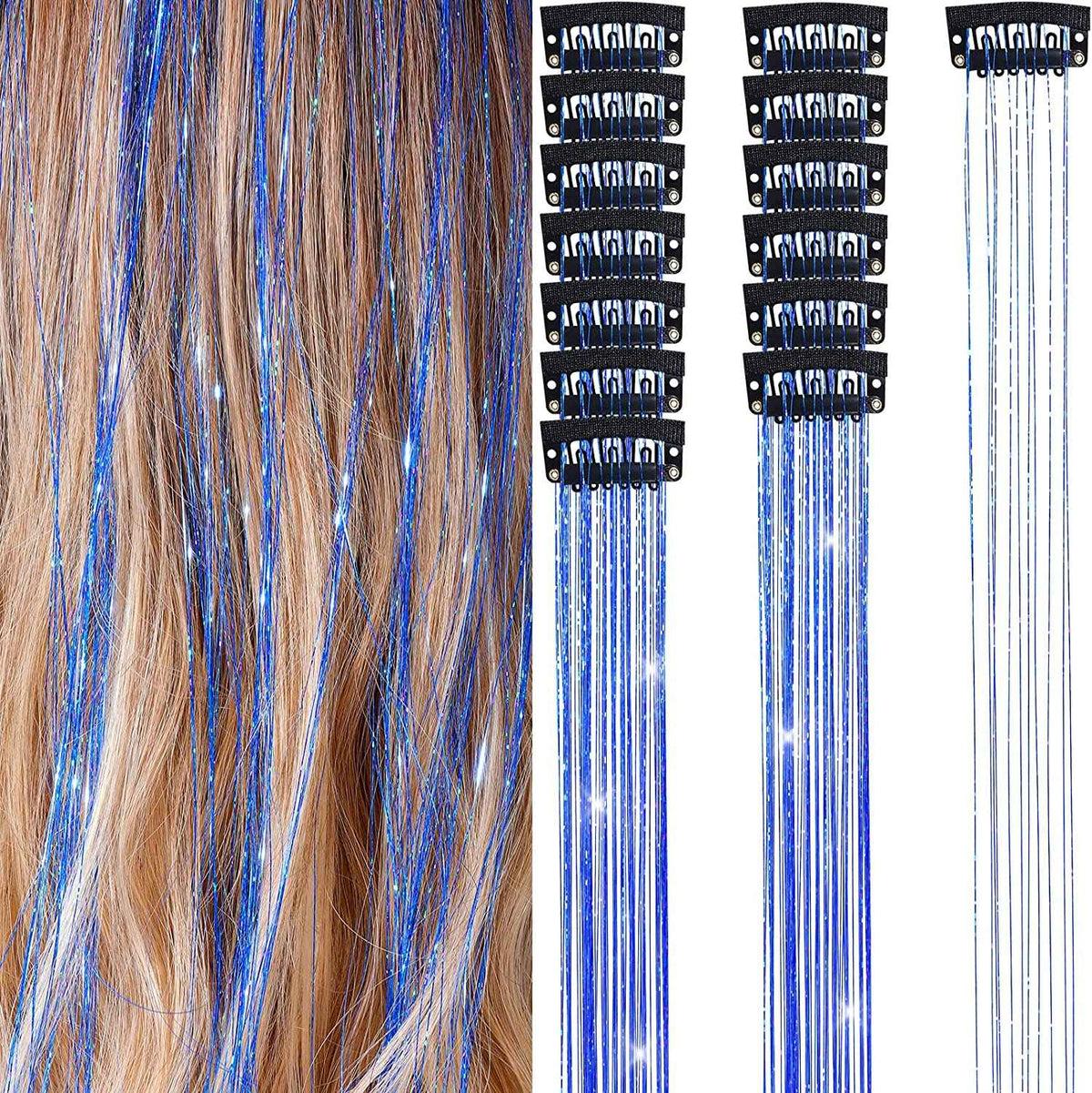 6Pcs 50cm Sparking Shiny Hair Tinsel Hair Extensions Tinsel Synthetic Hair Clip  Extensions Women for Braiding Headdress