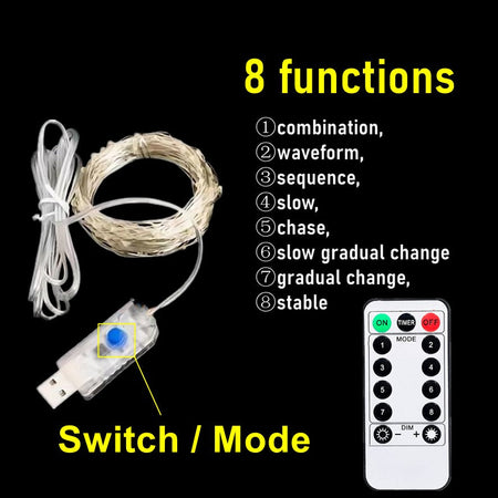 USB String Lights 8 Function Remote Control LED Fairy Lights Christmas Garland for New Year Wedding Party Tree Garden Decoration