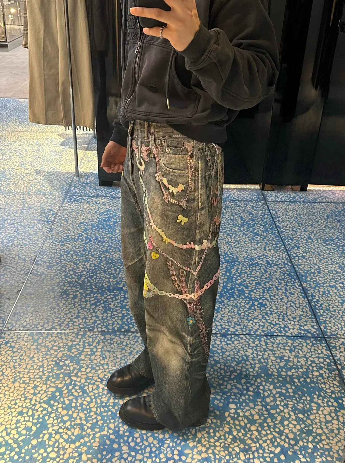 American High Street 3D Digital Print Candy Chain Weathered Knife Straight Leg Casual Jeans for Men And Women