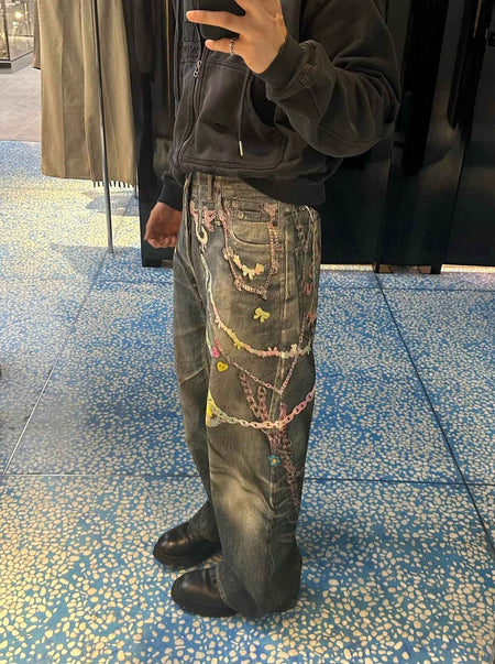 American High Street 3D Digital Print Candy Chain Weathered Knife Straight Leg Casual Jeans for Men And Women