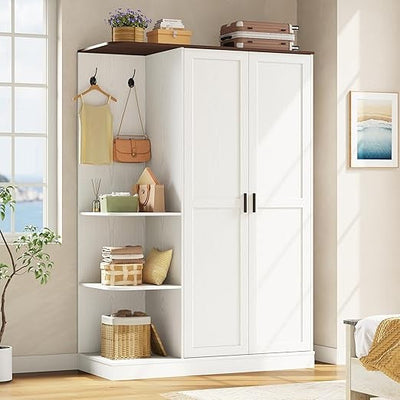 Wardrobe Closet, Modern Bedroom Armoires with 5 Shelves, 2 Doors, Large Wooden Closet Cabinet with 30W x 52H Hanging Area