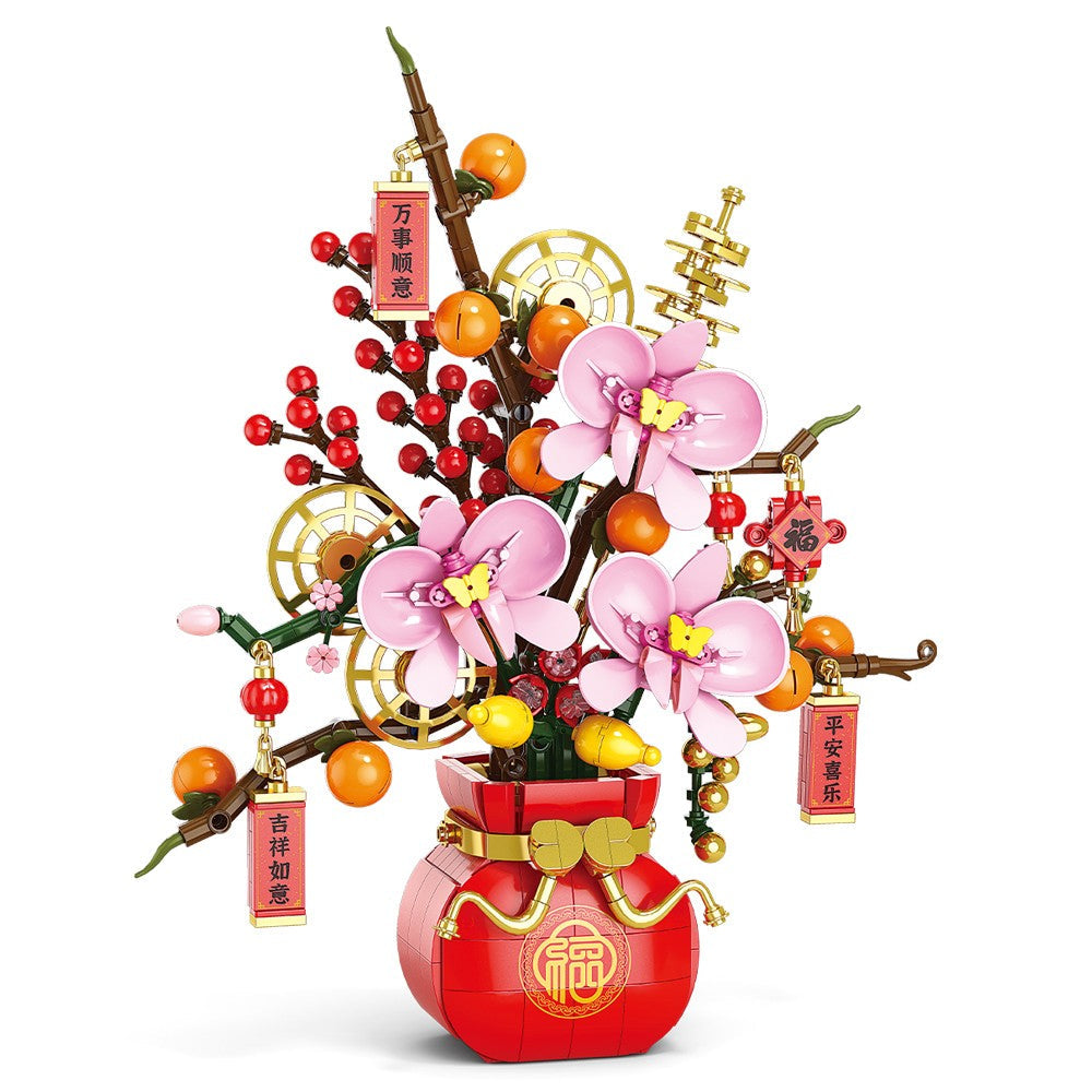 City Creativity Flower Bouquet Peach Blossom Narcissus Bonsai Potted Plant Building Blocks Model New year Home Decoration 2025