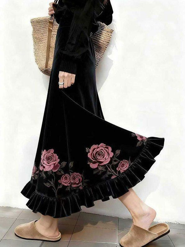 Women Clothes Autumn Winter Fashion Simplicity All-match Printing Solid Color Female Temperament Pleuche High Waist A-line Skirt