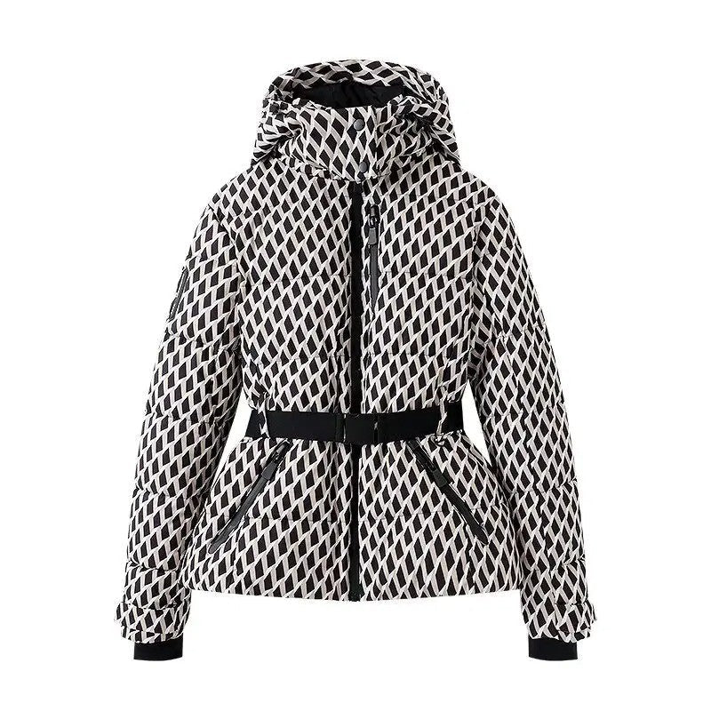 Women's Winter Hooded High Waist Padded Sport Parkas Coats with Belt Female Elegant Thick Warm Pockets Windproof Skiing Jackets
