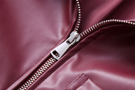 Women Vintage Wine Red Faux Leather Jakcet Fashion Outerwear Zipper Lapel Pu Coats Autumn Winter Streetwear Ladies Short Tops