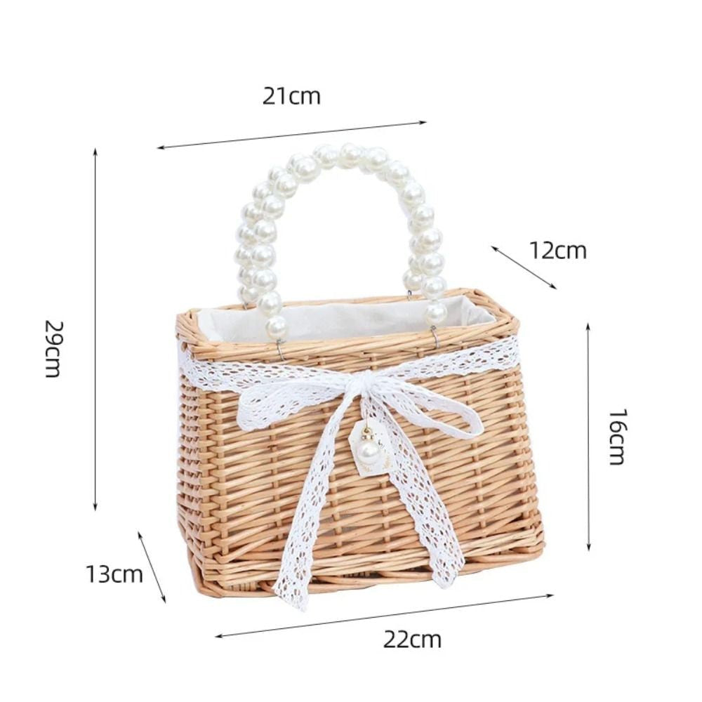 Straw Tote Hand Bags Summer Pearl Handle Handmade Knitted Handbag Storage Rattan Weaving Basket Shoulder Bag Women Girls